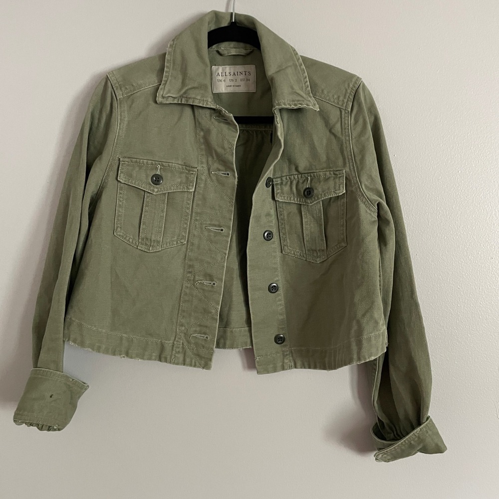 AllSaints Jacket 2 Green Cropped Utility Shacket Minimalist Organic Military Art